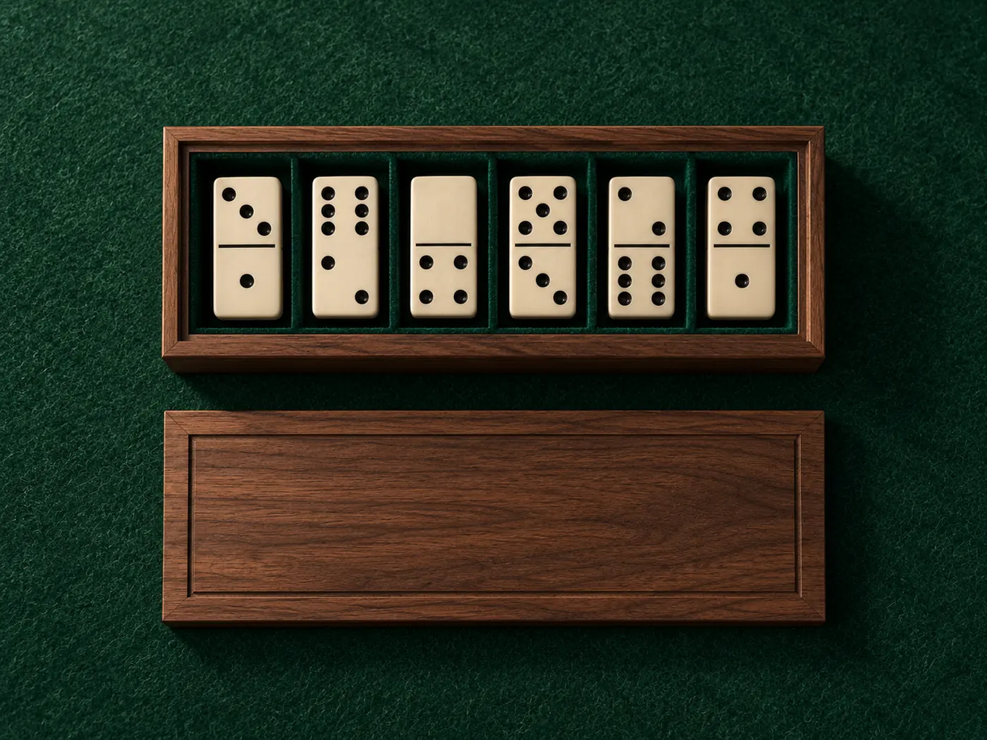 An open walnut box with six velvet compartments above its lid