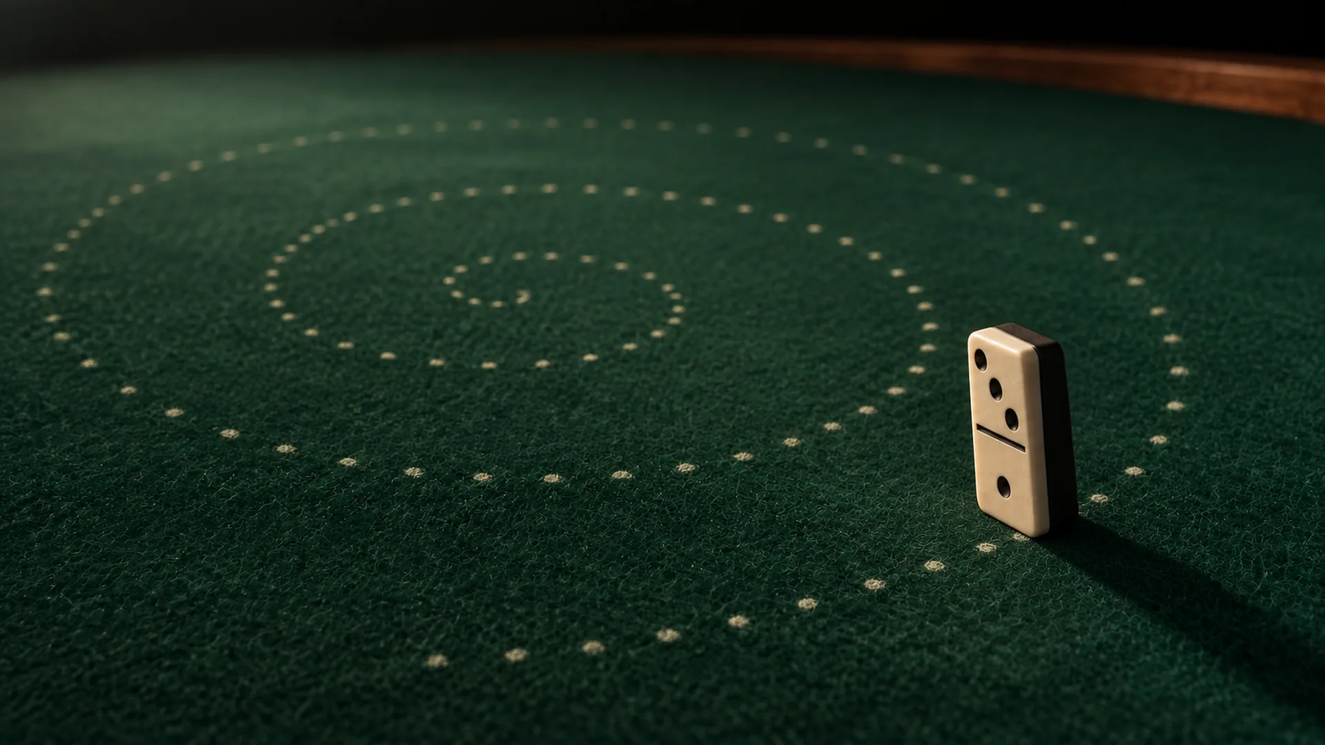A spiral of chalk dots on the felt with one domino standing at its start
